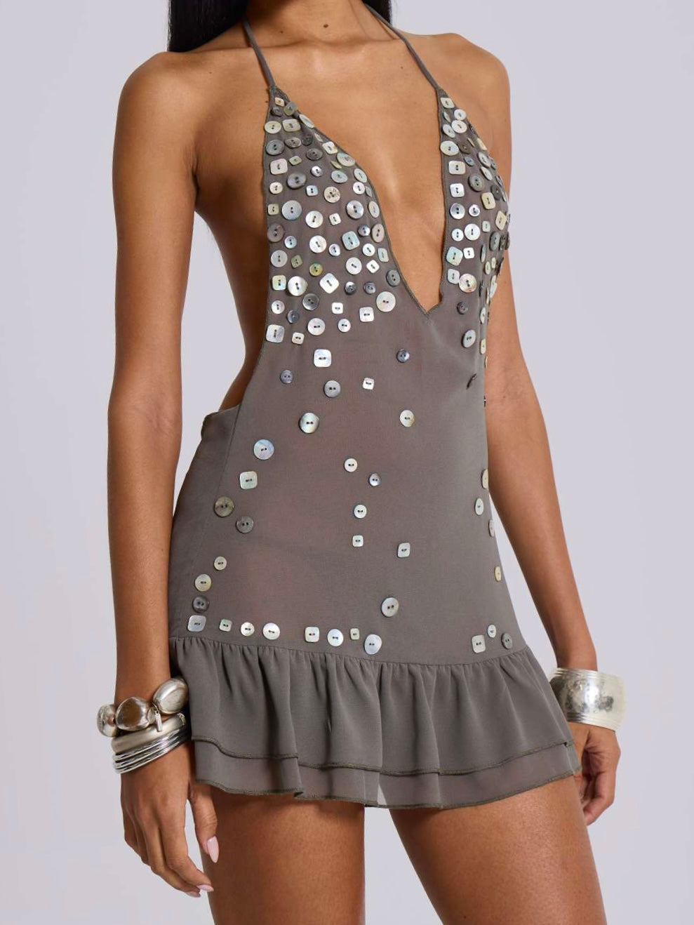 Silver Button Detail Mesh Halter Mini Dress | Reigned