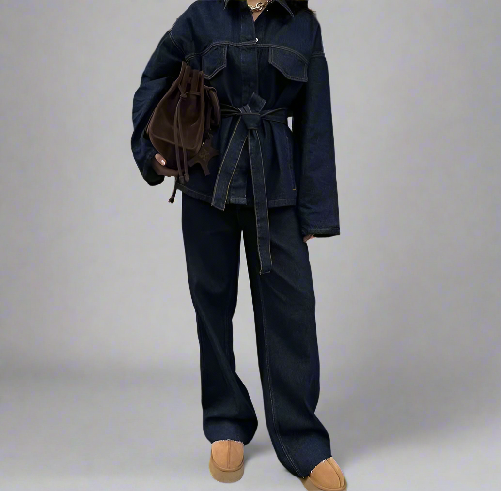 Reigned Women’s Belted Oversized denim Jacket and Pants Co-Ord