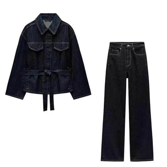 Reigned Women’s Belted Oversized denim Jacket and Pants Co-Ord