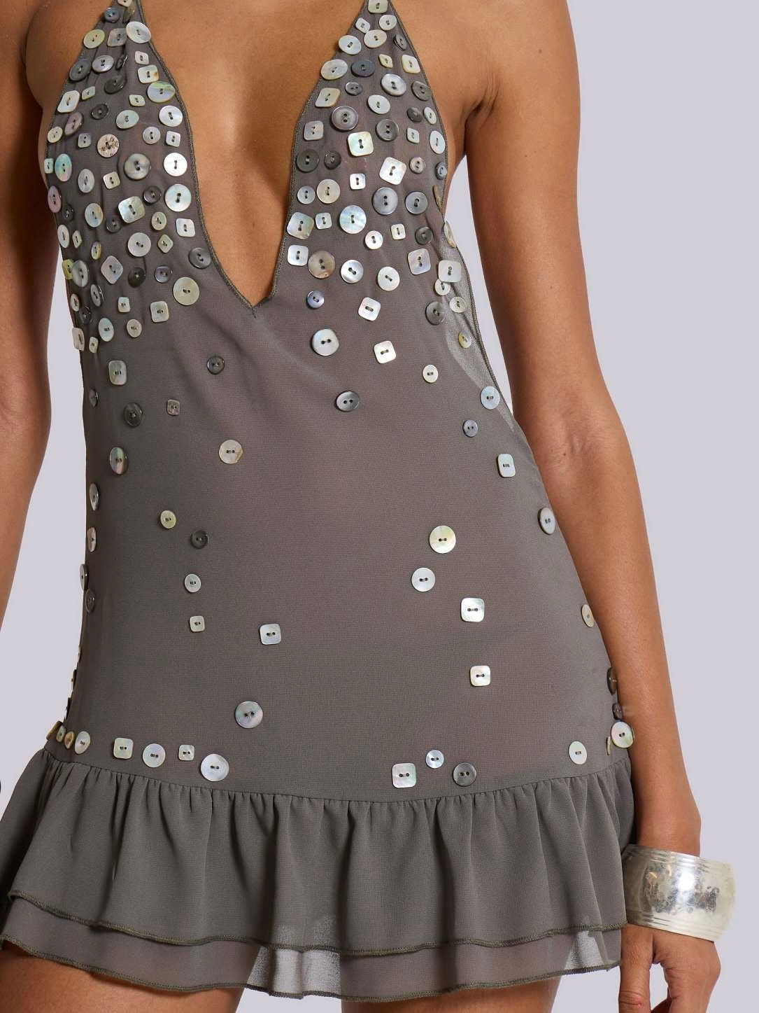 Silver Button Detail Mesh Halter Mini Dress | Reigned