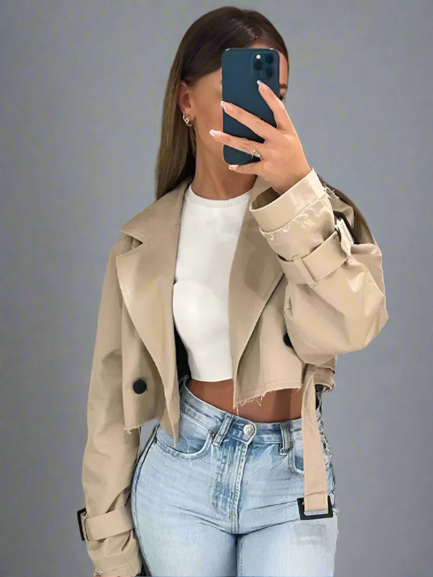 Beige Cropped Buckle Trenchcoat