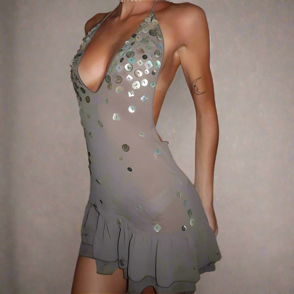 Silver Button Detail Mesh Halter Mini Dress | Reigned