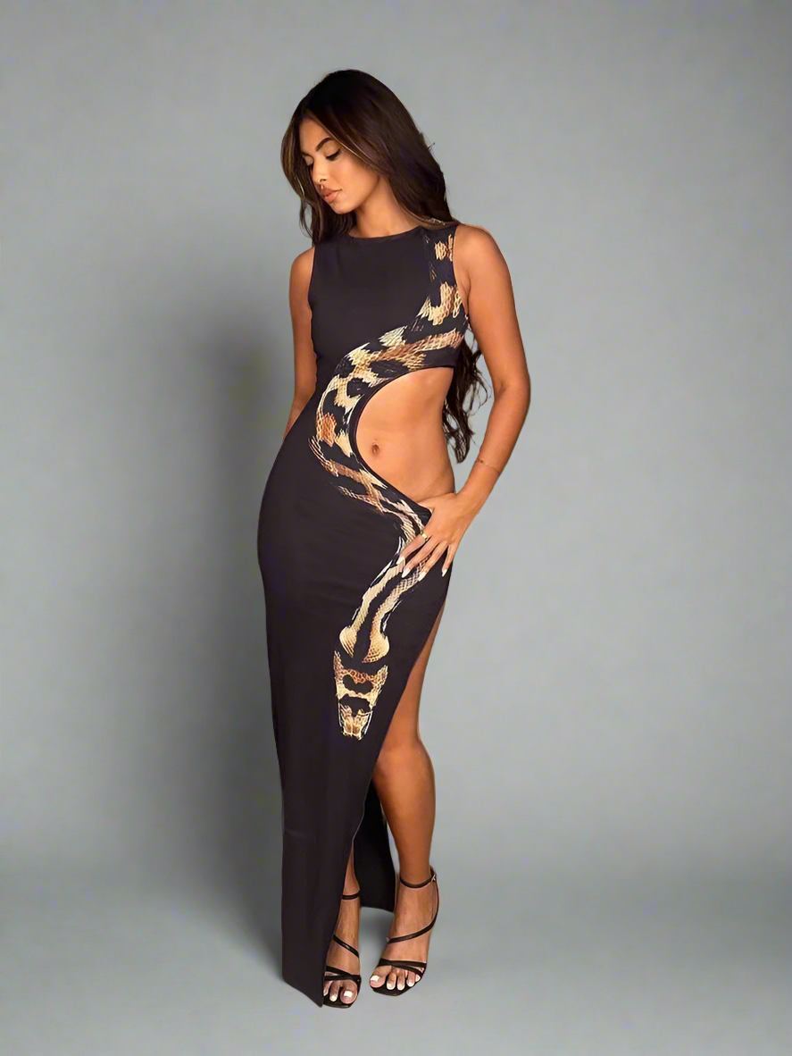 Snake Printed Cut Out Maxi Dress