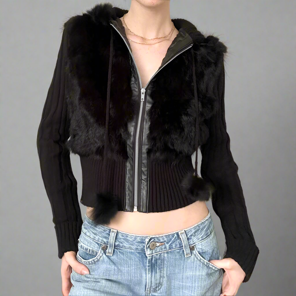 Fur covered cropped zip up jacket