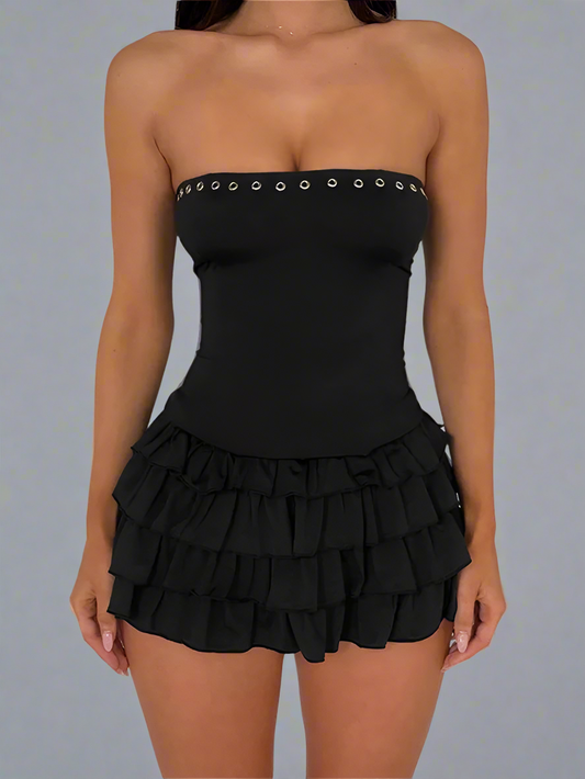 Lace up detail layered ruffle bandeau bodycon dress