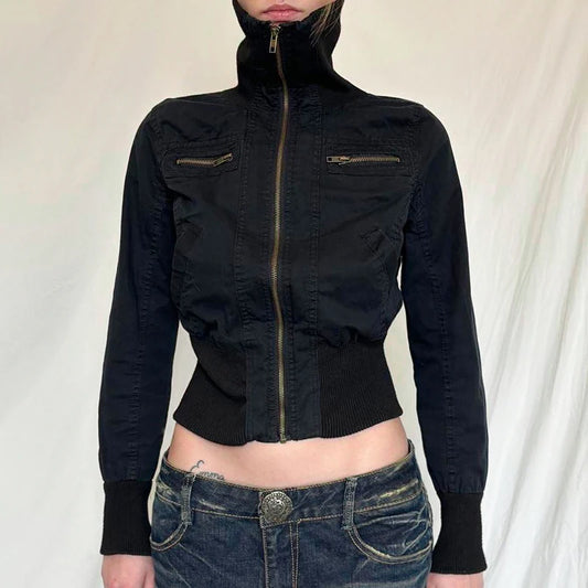 Black cropped zip up turtleneck jacket