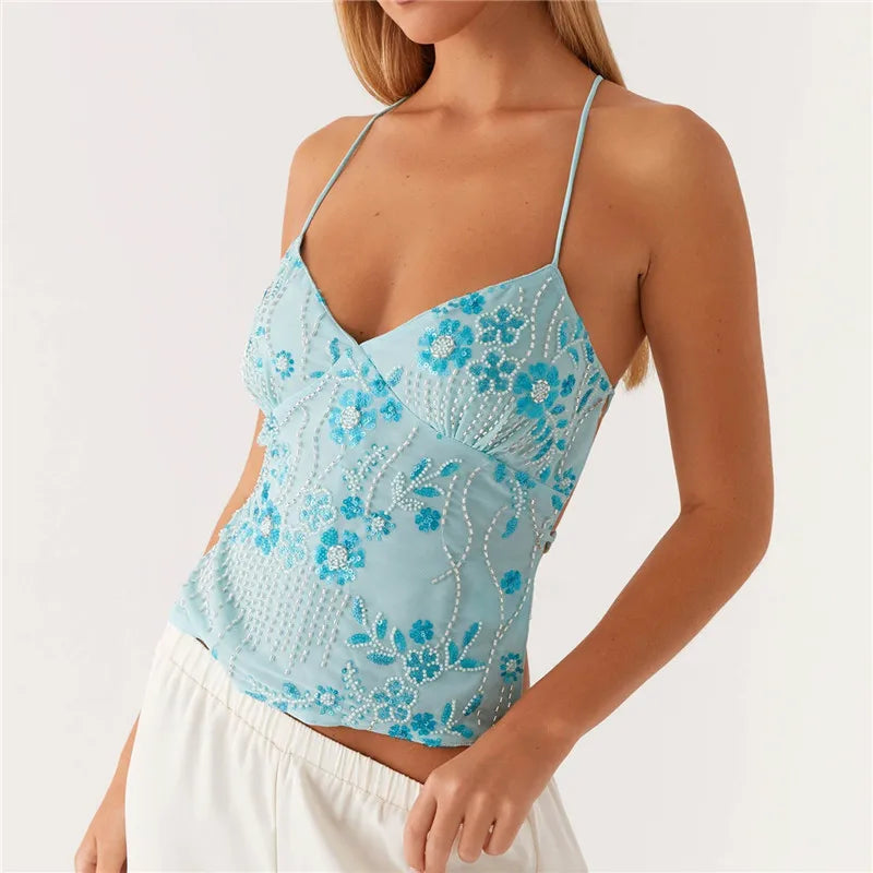 V neck sequin halter top