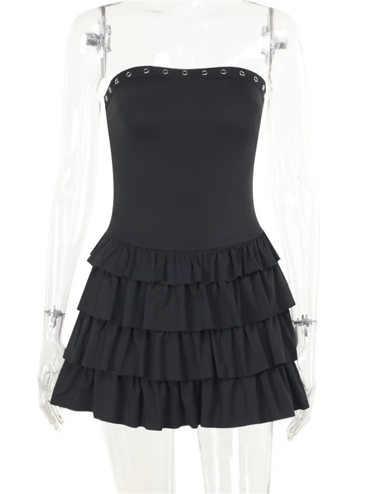 Lace up detail layered ruffle bandeau bodycon dress