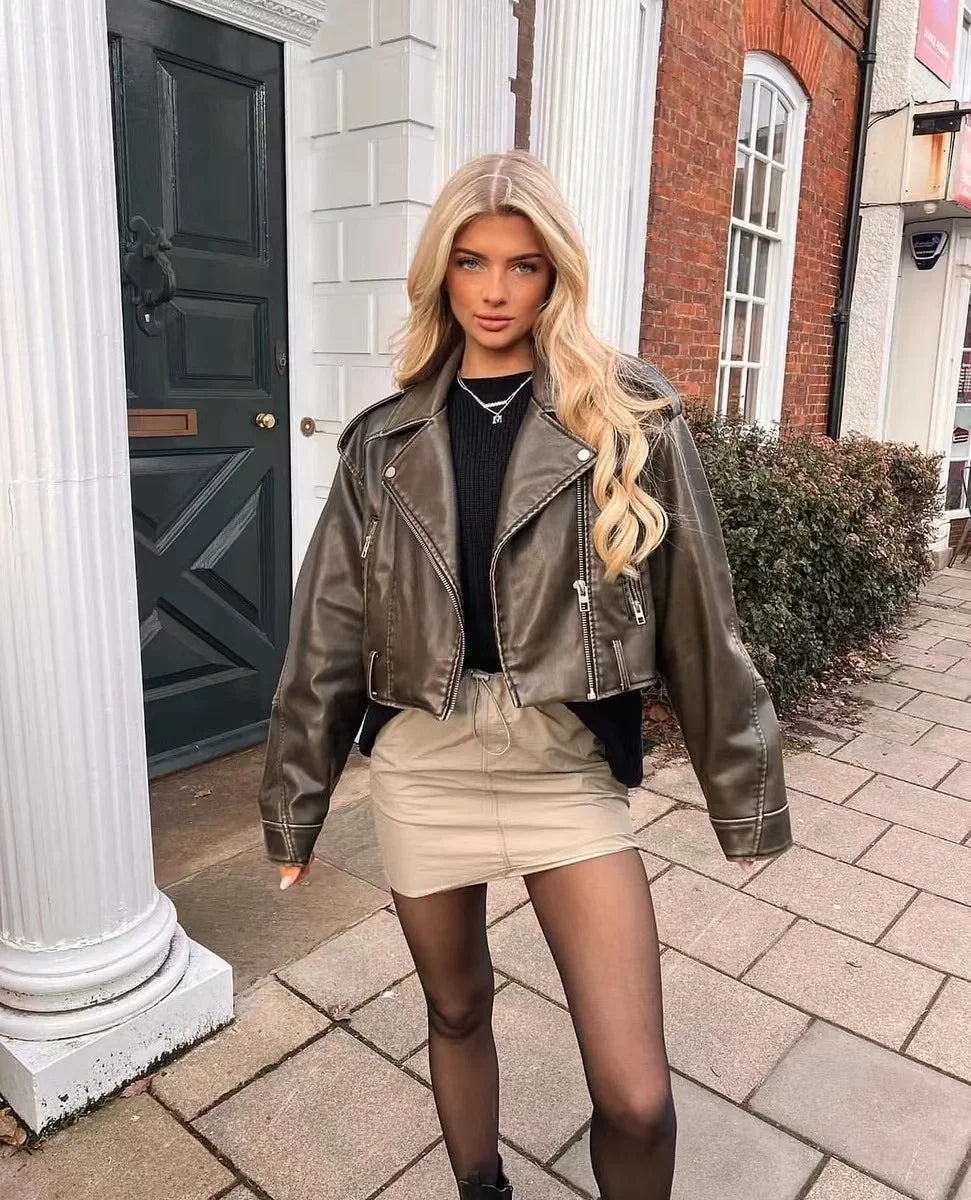 Leather Effect Cropped Biker Jacket