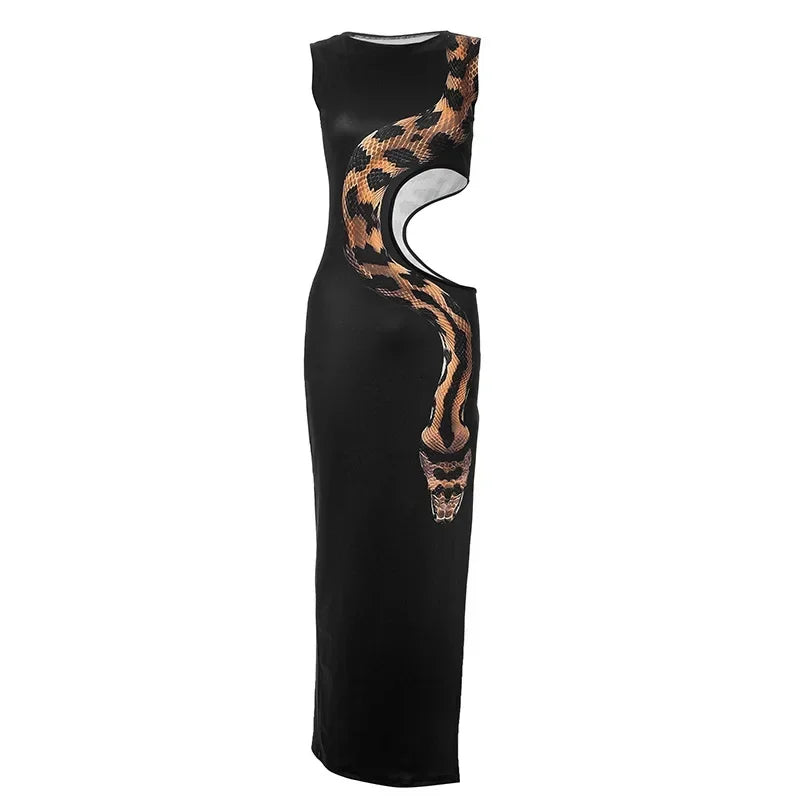 Snake Printed Cut Out Maxi Dress