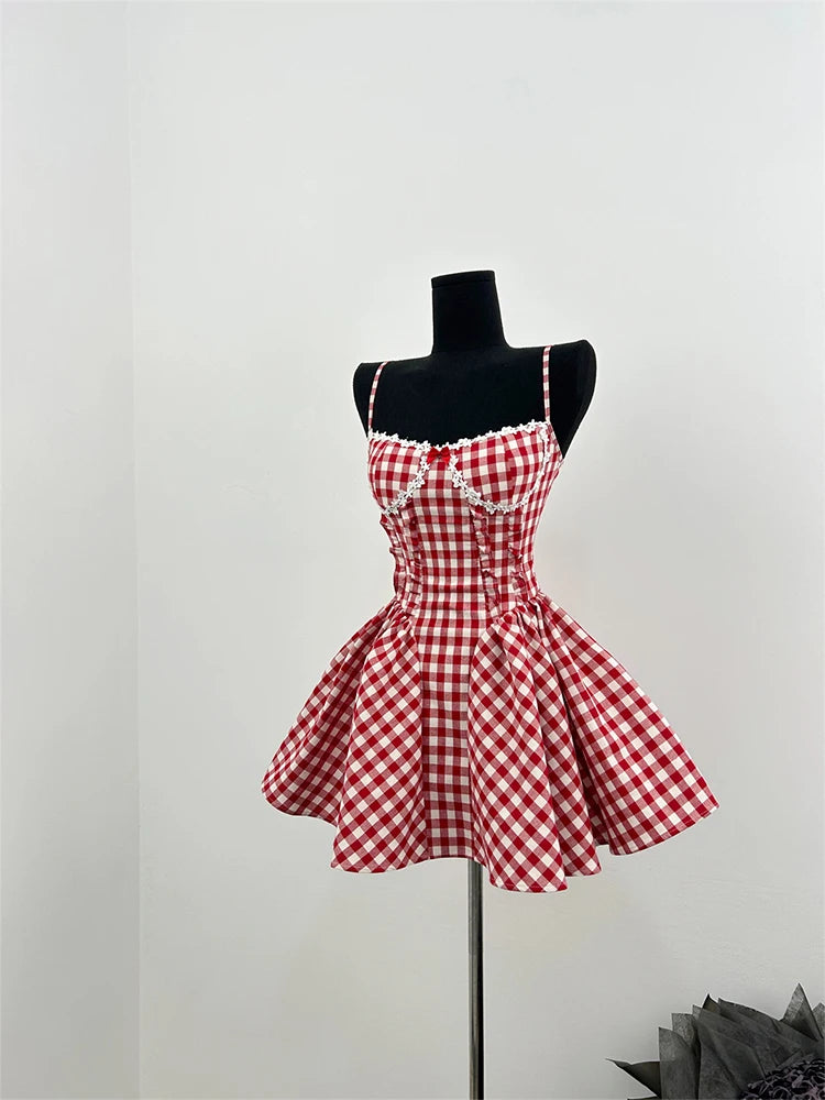 Red plaid coquette mini dress