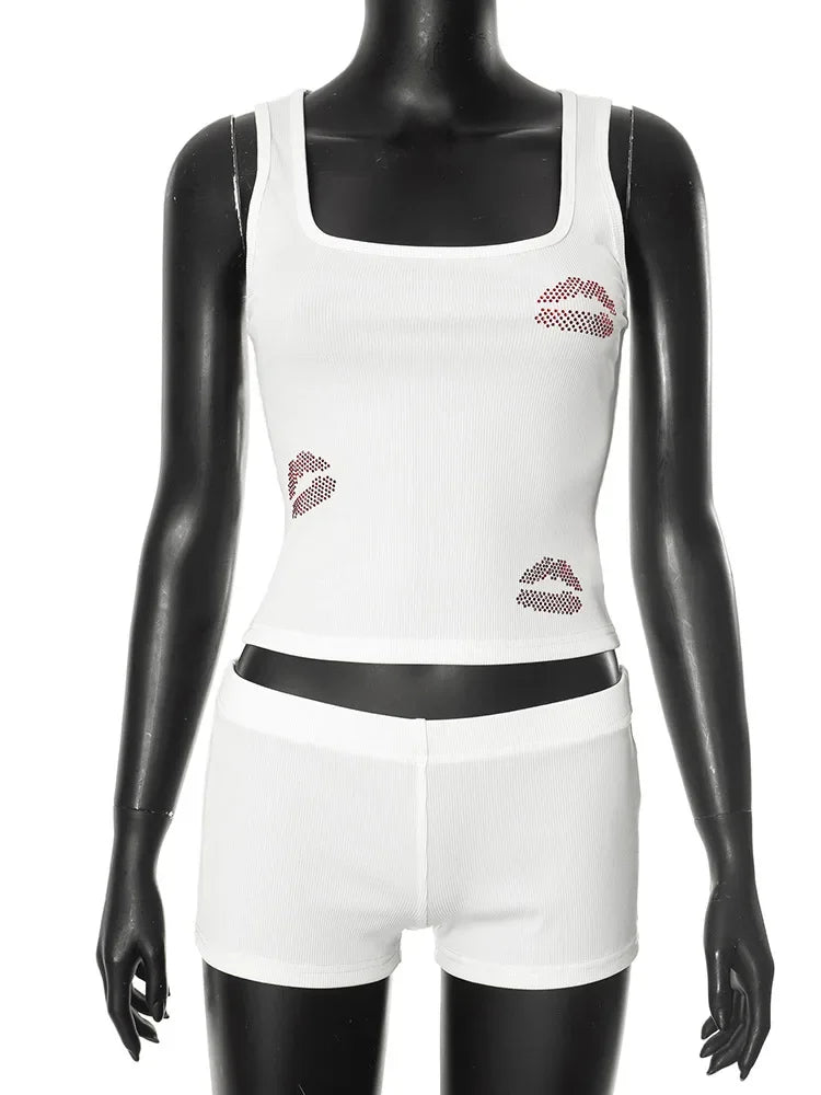 Rhinestone Kiss Detail Tank & Shorts Co-Ord | Reigned