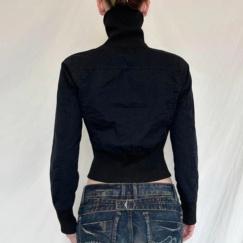 Black cropped zip up turtleneck jacket