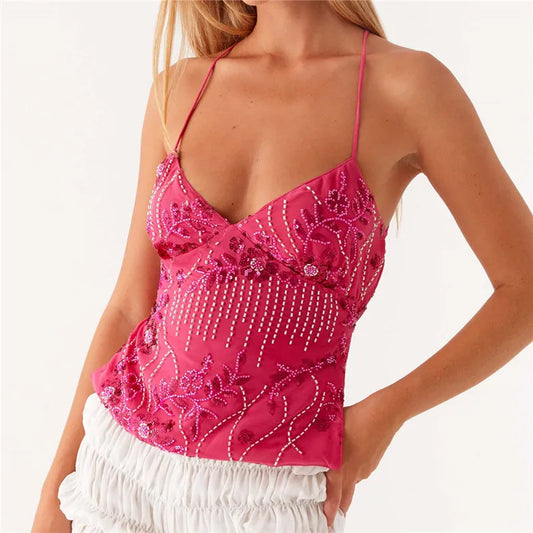 V neck sequin halter top