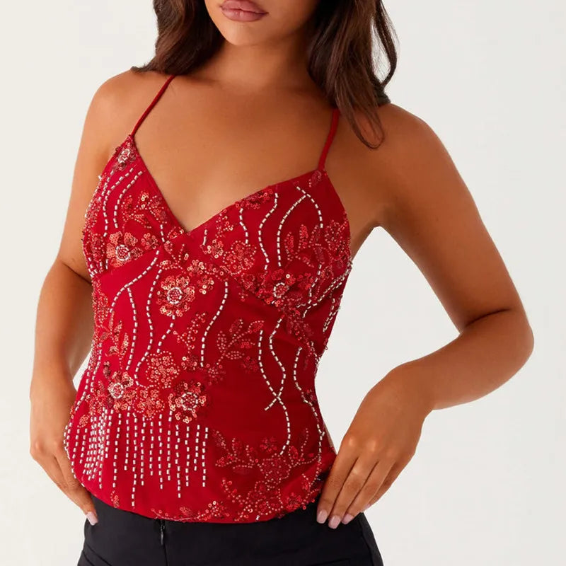 V neck sequin halter top