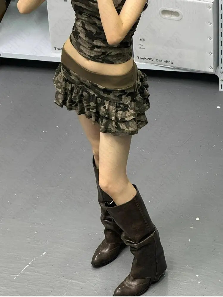 Camouflage tiered ruffle skirt