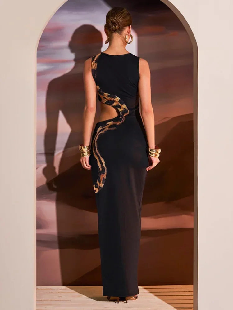 Snake Printed Cut Out Maxi Dress