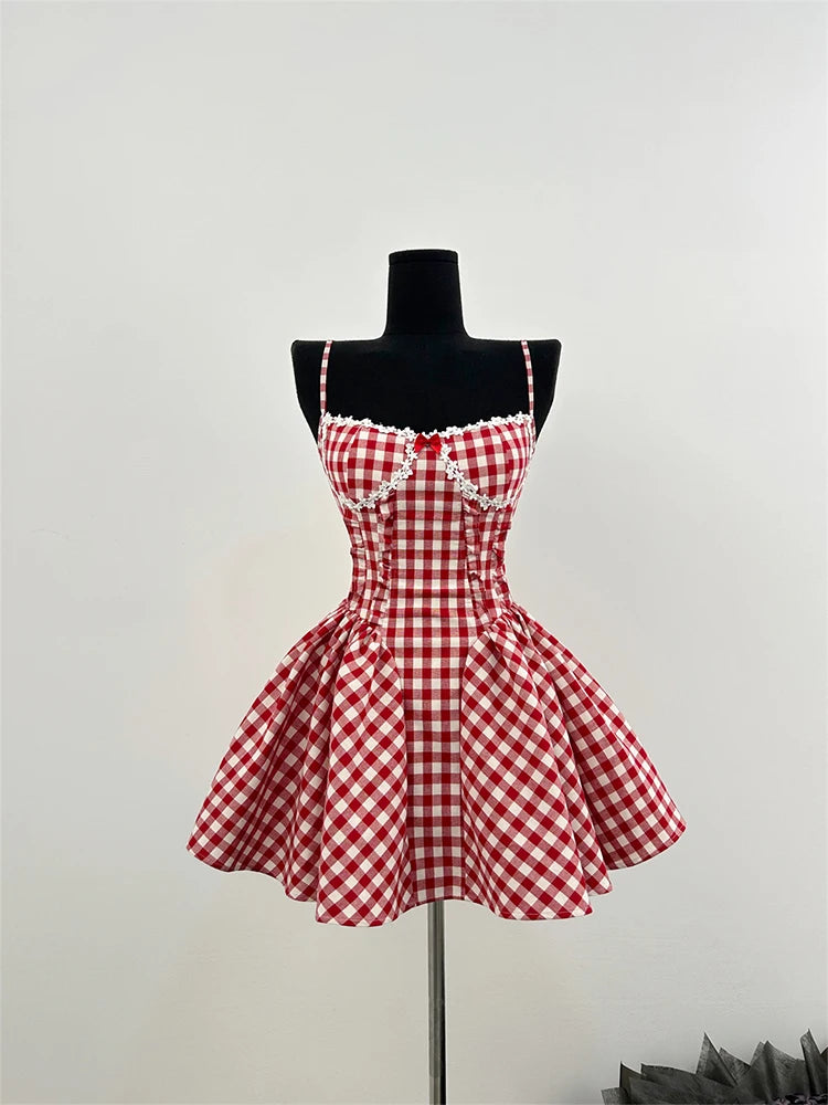 Red plaid coquette mini dress