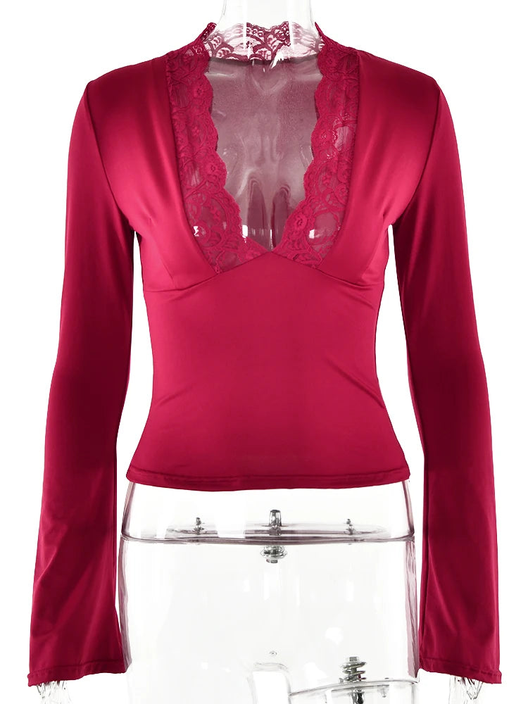V neck flare sleeve lace top