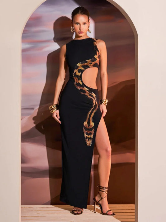 Snake Printed Cut Out Maxi Dress