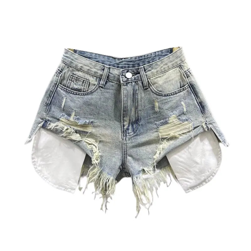 Distressed denim mini shorts