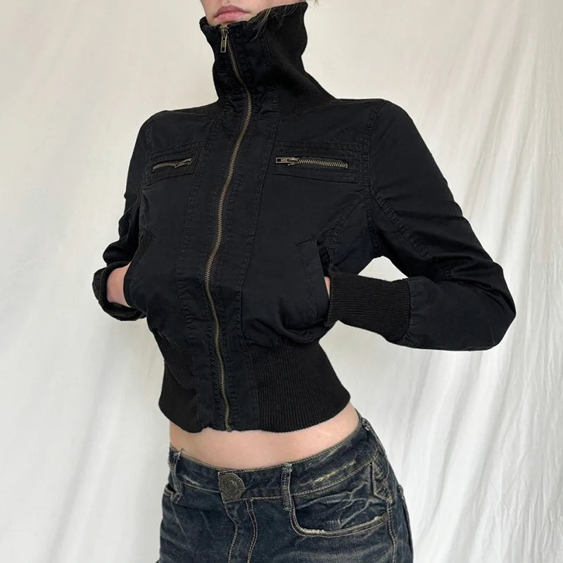 Black cropped zip up turtleneck jacket
