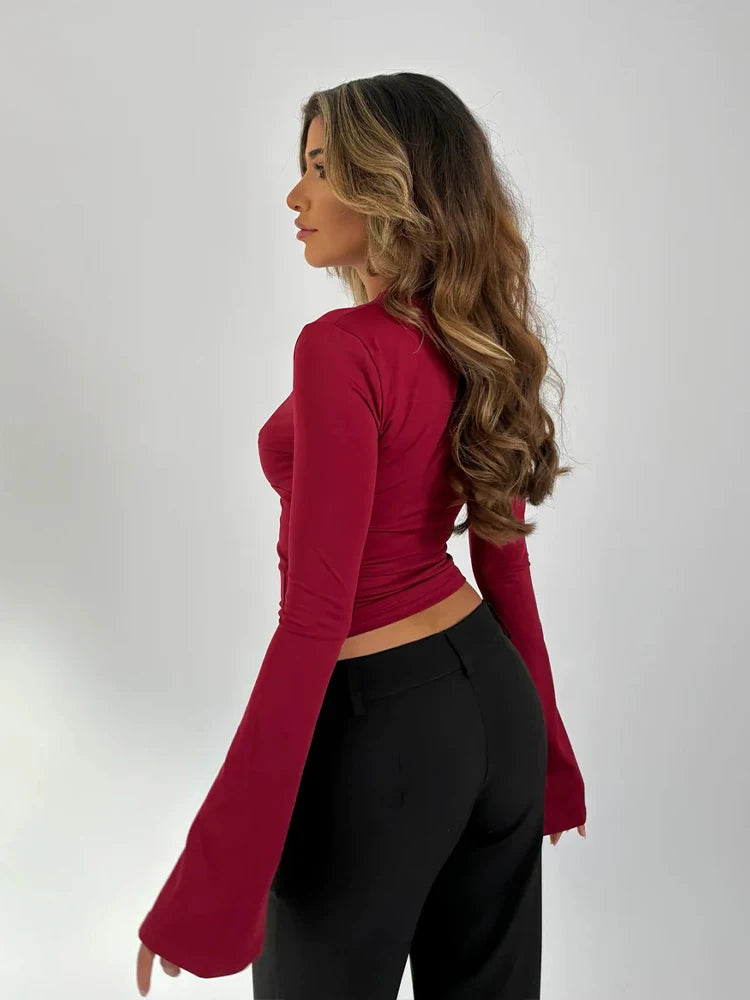 V neck flare sleeve lace top