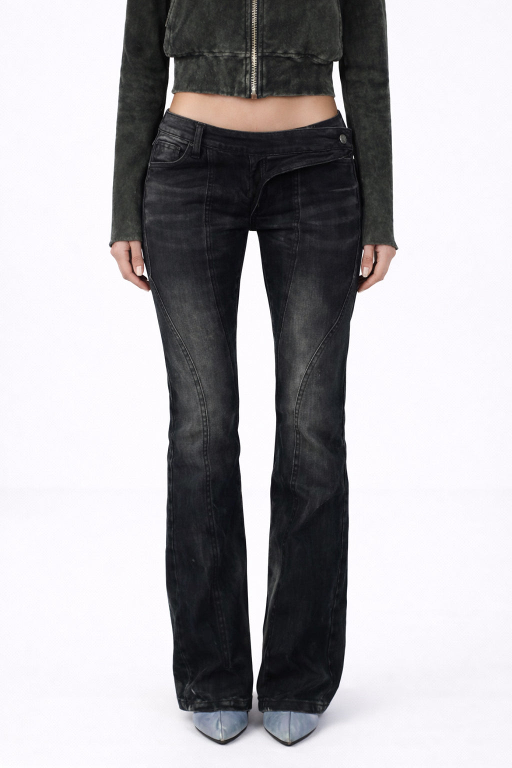 Low rise Asymmetrical Waistline Bootcut jeans