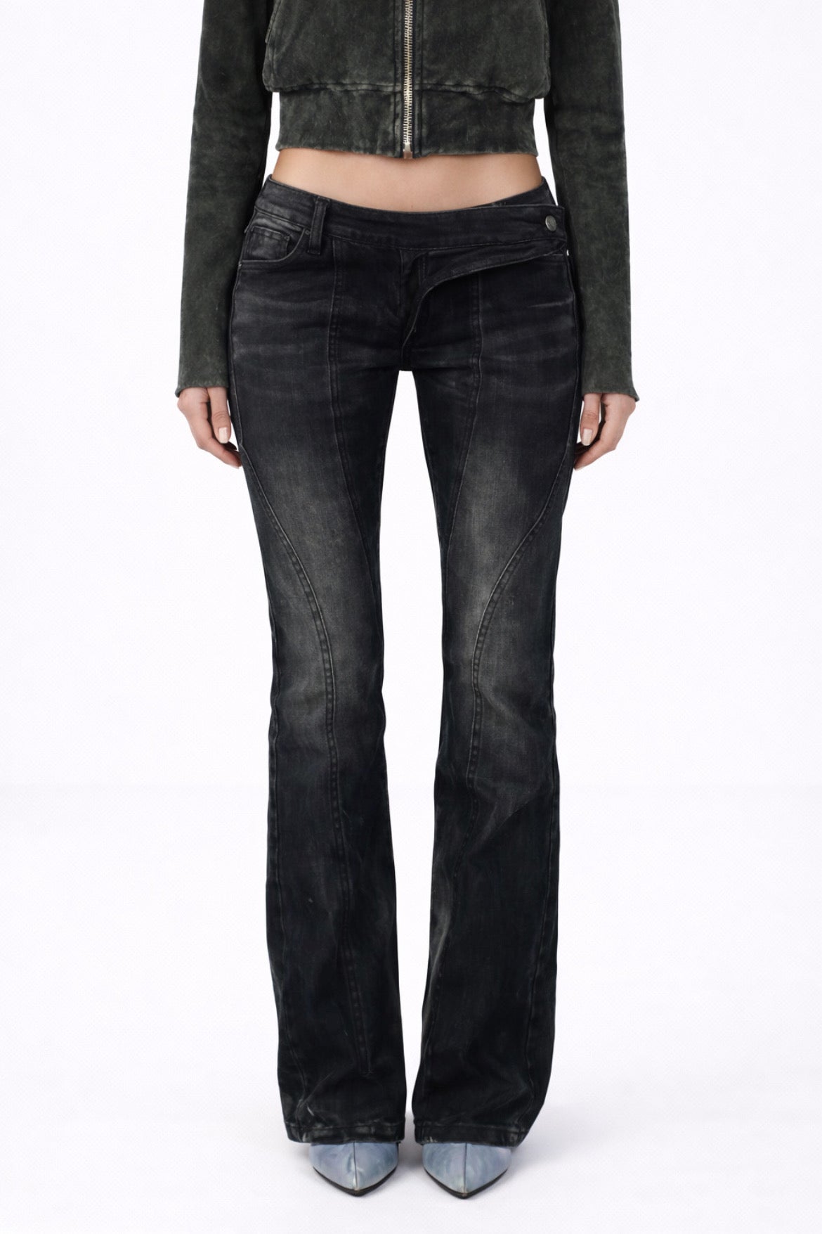 Low rise Asymmetrical Waistline Bootcut jeans