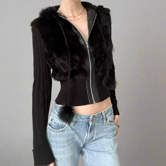 Fur covered cropped zip up jacket