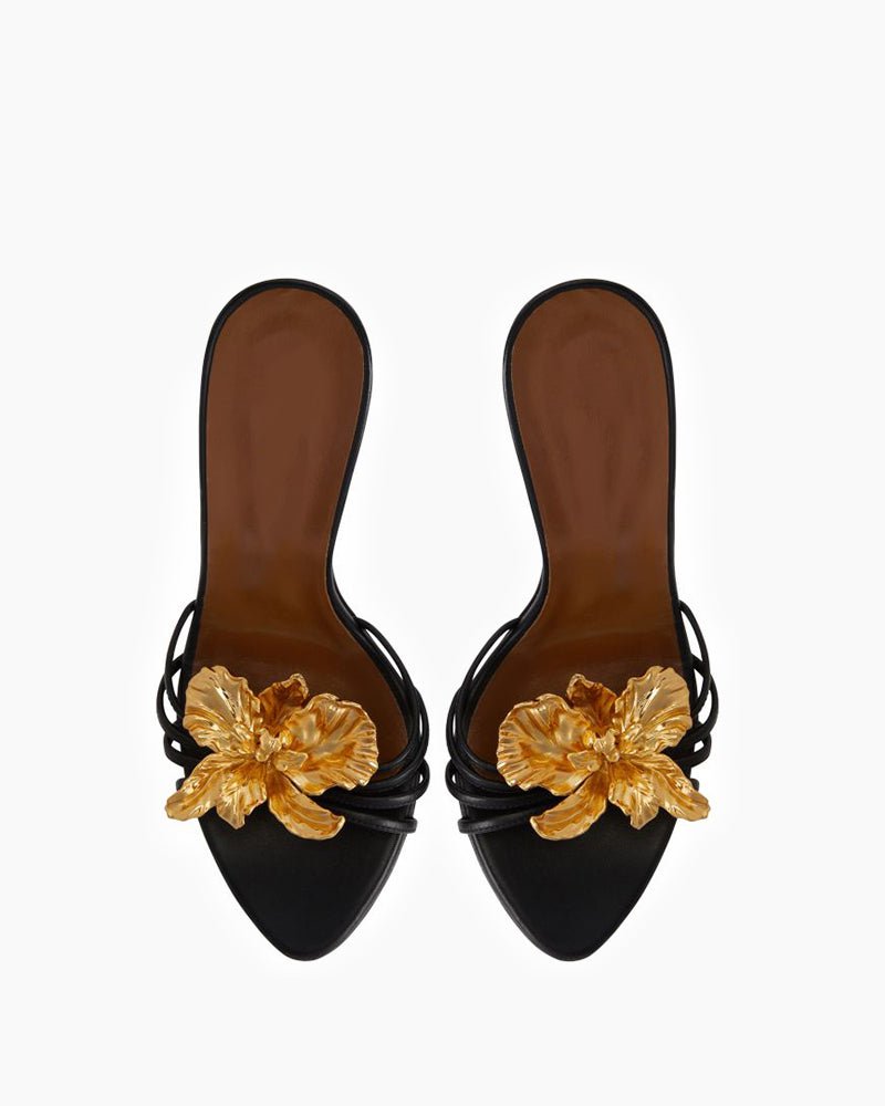 Gold 3D Flower Open-Toe Vintage Heels | Reigned