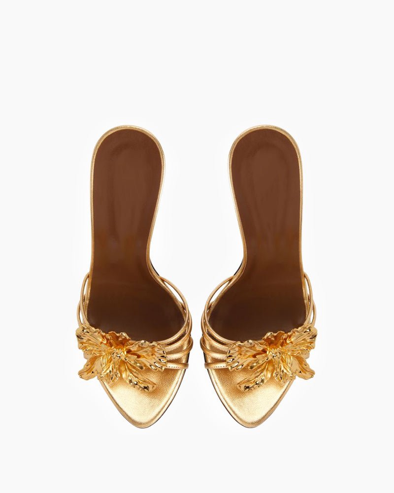 Gold 3D Flower Open-Toe Vintage Heels | Reigned