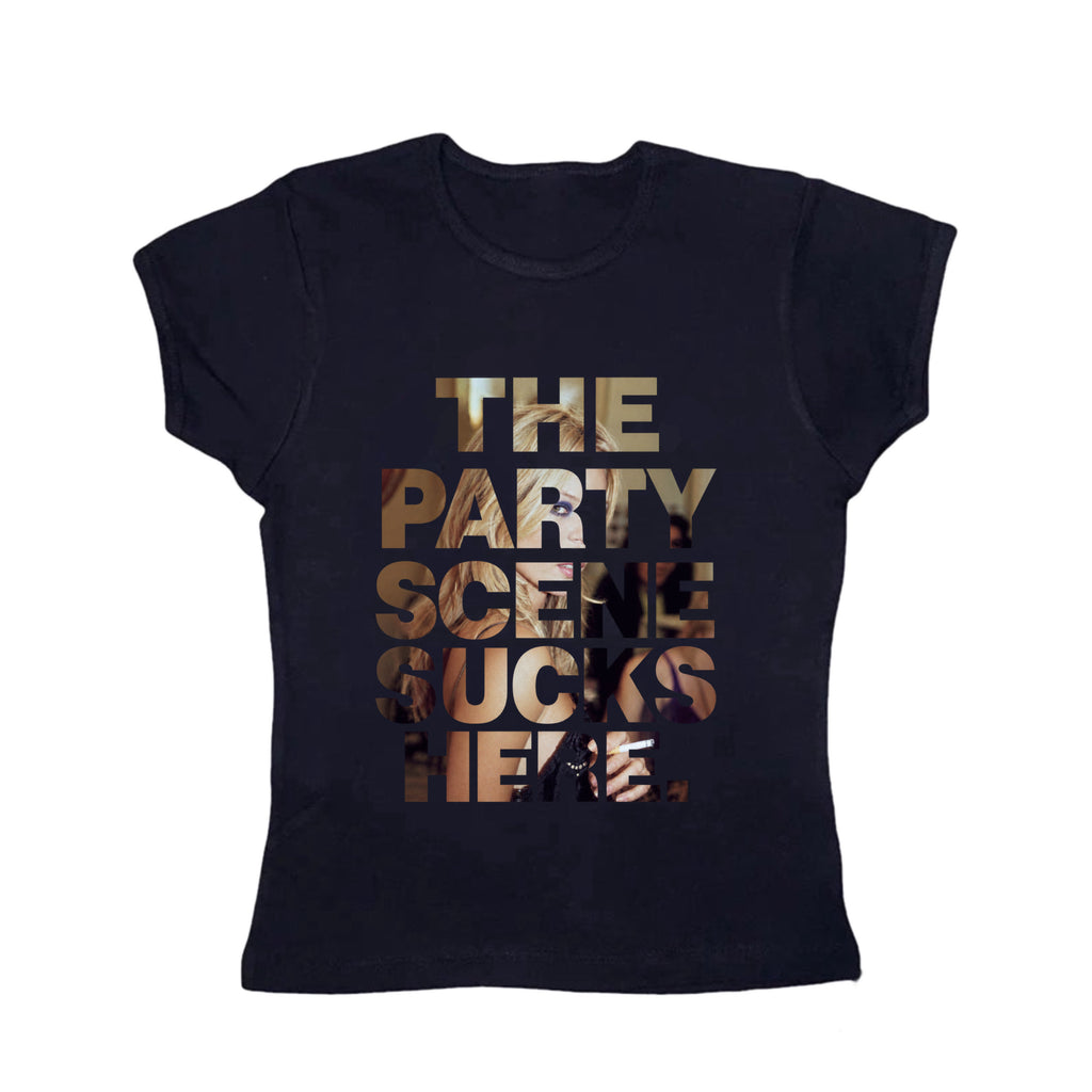 The Party Scene Sucks Here baby tee