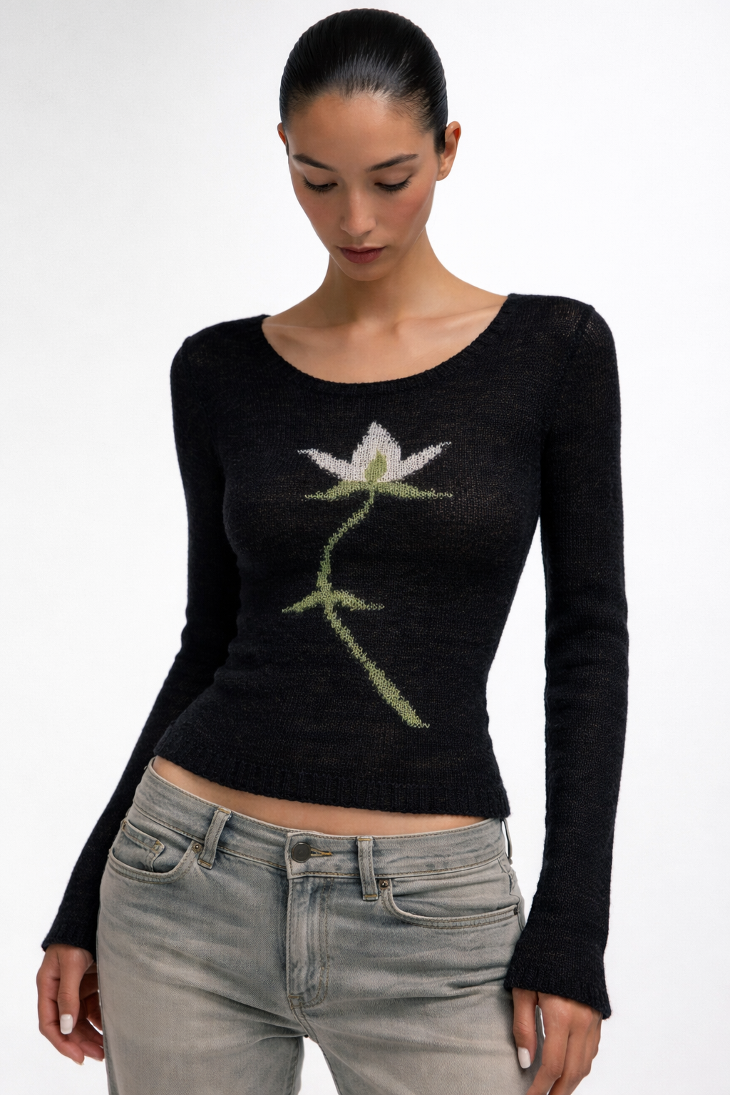 Fitted Wide neck Flower detail long sleeve sweater | Reigned
