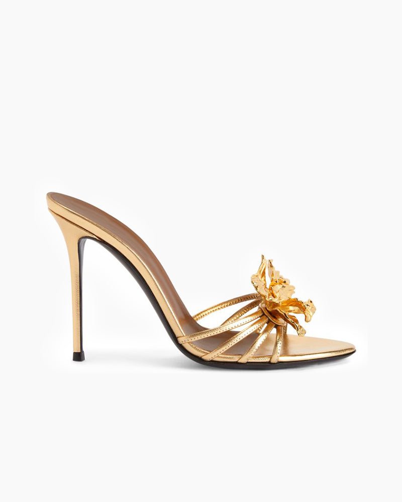Gold 3D Flower Open-Toe Vintage Heels | Reigned