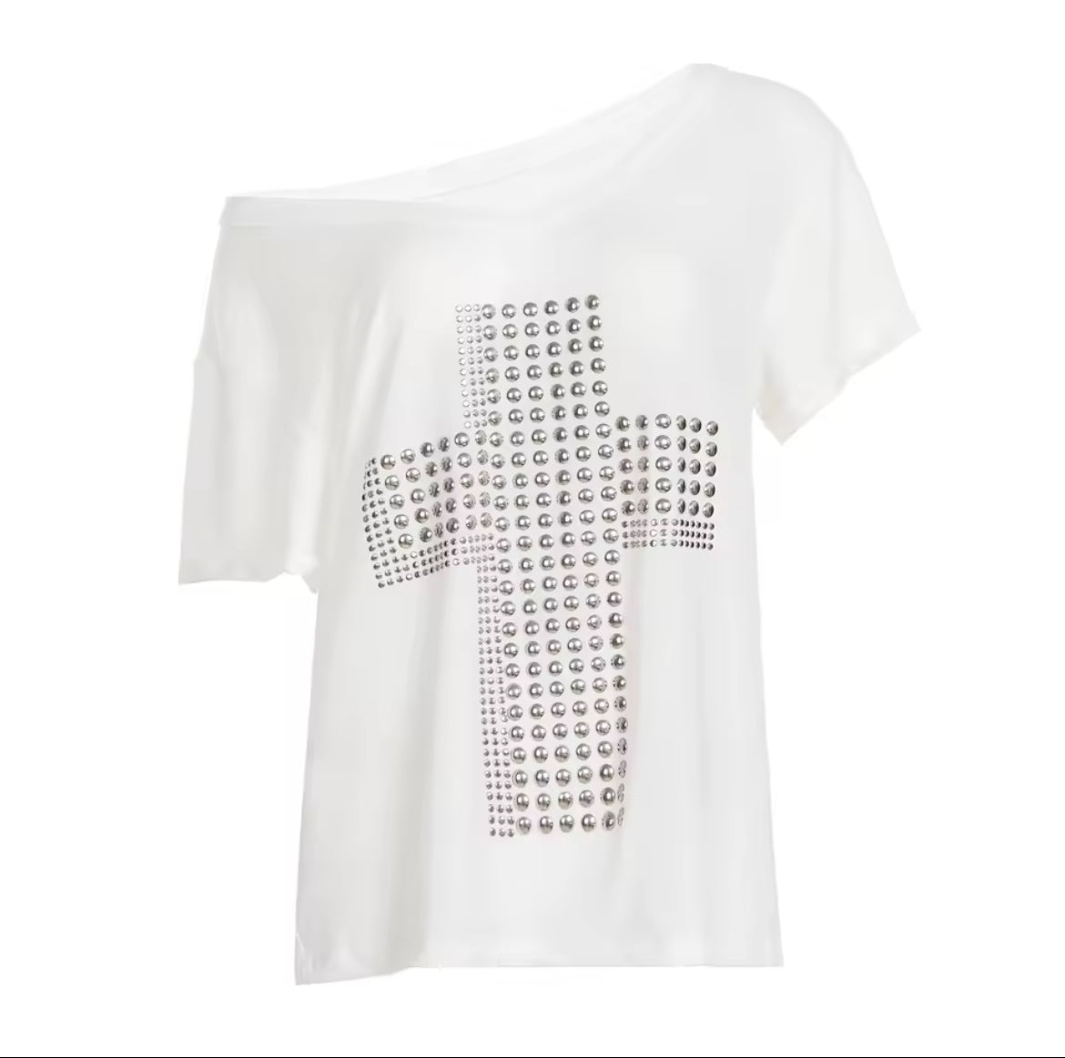 Off-Shoulder Studded Cross Detail Oversized Top | Reigned