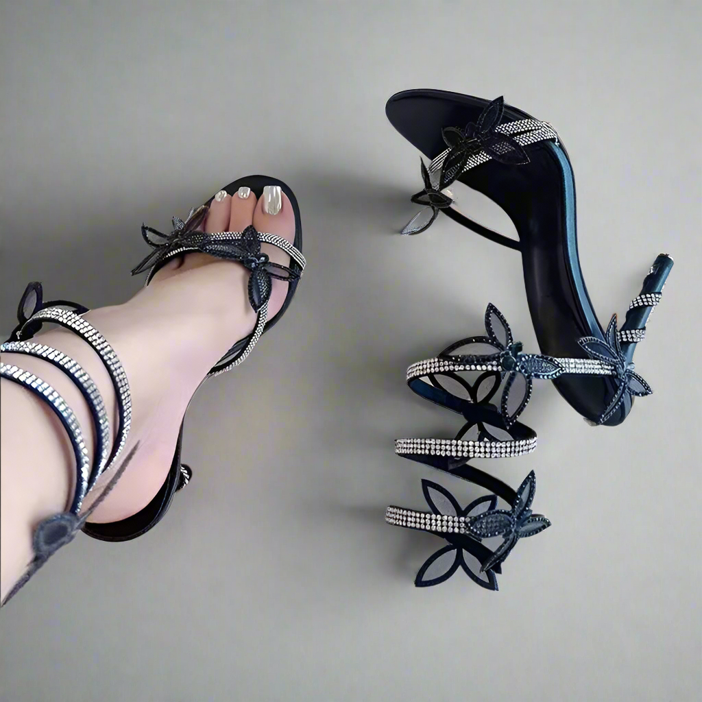 ButterFly detail embellished ankle wrap heels