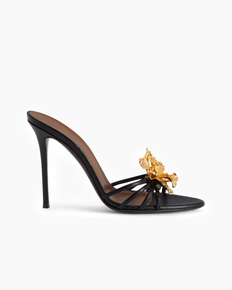 Gold 3D Flower Open-Toe Vintage Heels | Reigned