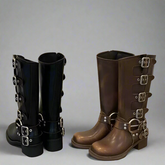 full length buckle knee high boots