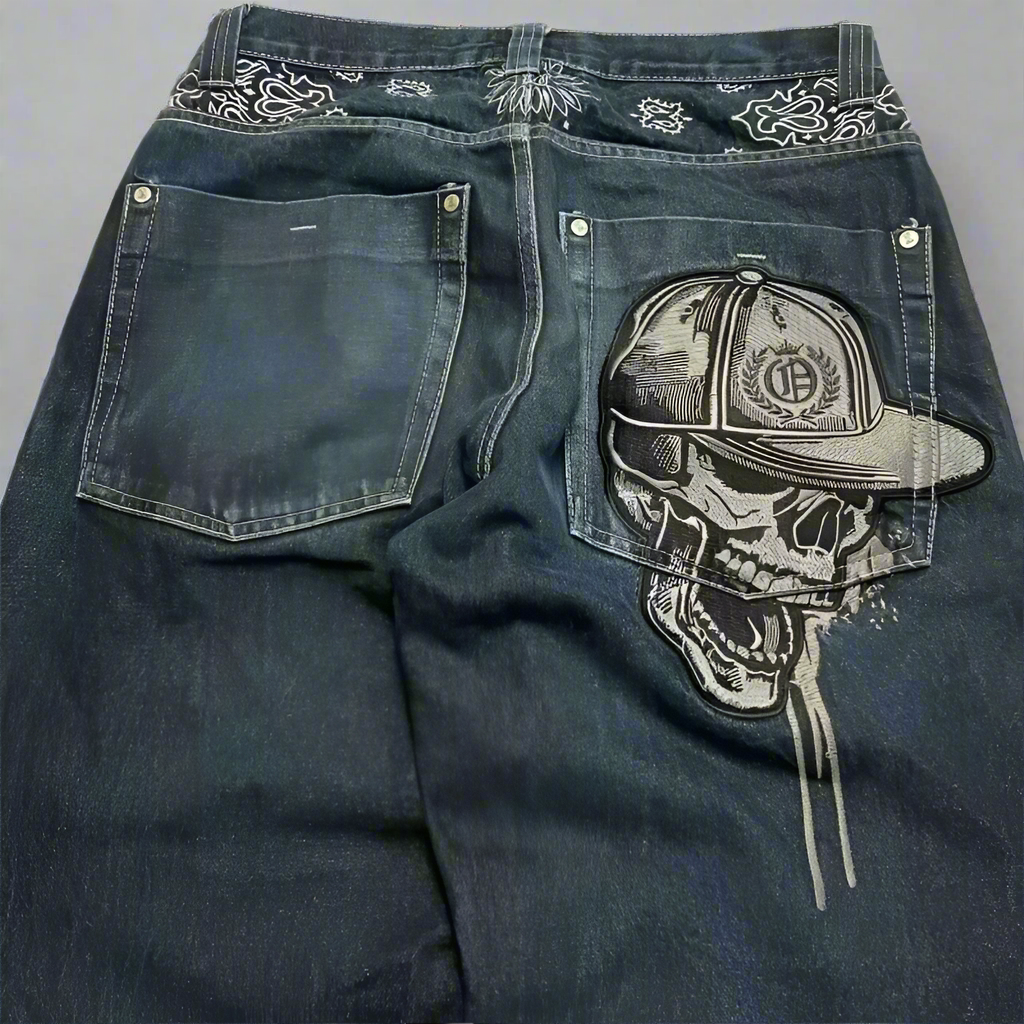 Embroidered Skull Pocket Detail Oversized Jeans