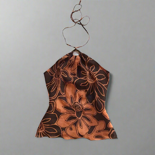 Orange Flower Print Tight Fit Halter Top