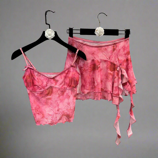 Pink tie dye ruffle skirt and camisole co-ord