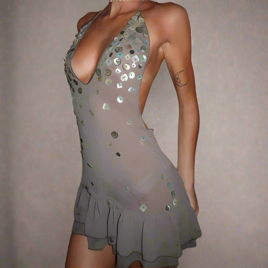 Silver Button Detail Mesh Halter Mini Dress | Reigned