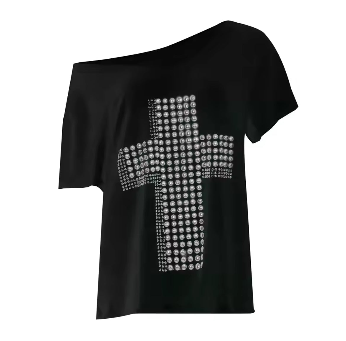 Off-Shoulder Studded Cross Detail Oversized Top | Reigned