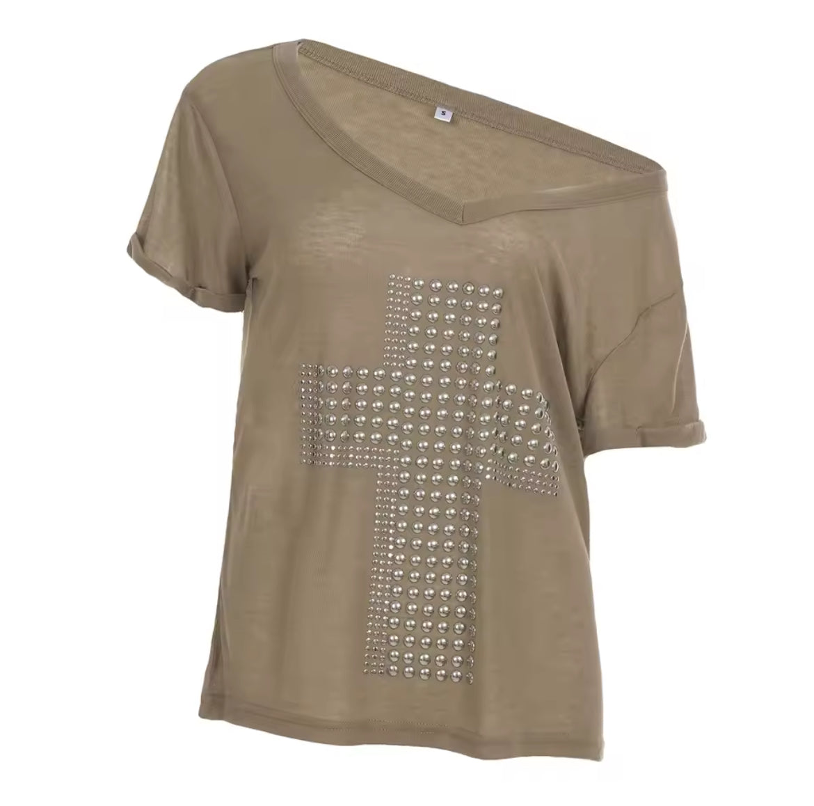 Off-Shoulder Studded Cross Detail Oversized Top | Reigned