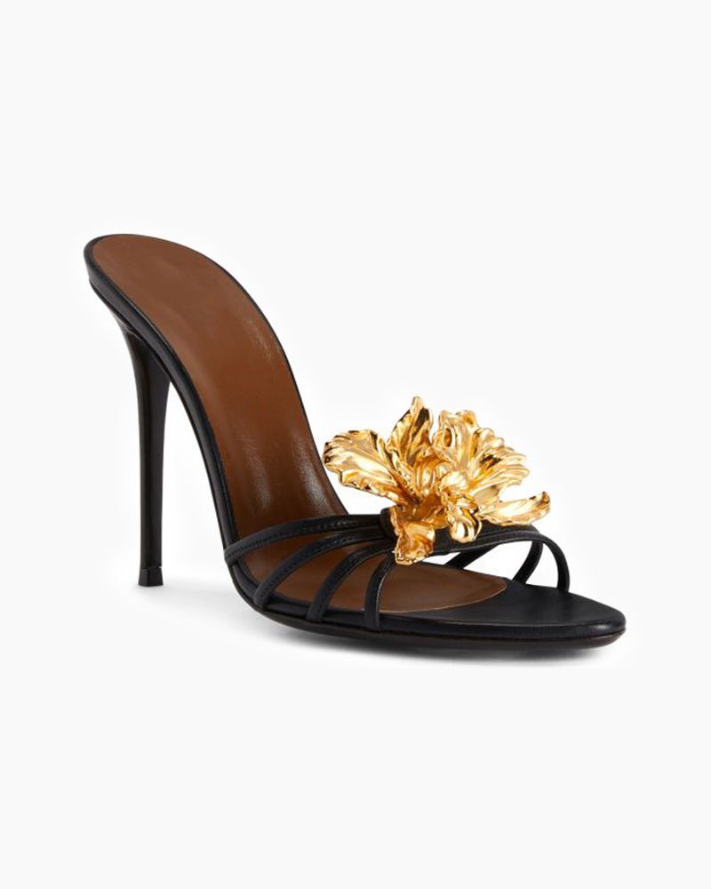 Gold 3D Flower Open-Toe Vintage Heels | Reigned