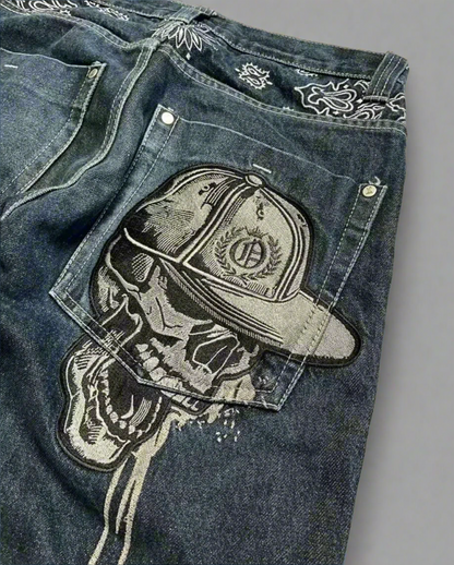 Embroidered Skull Pocket Detail Oversized Jeans