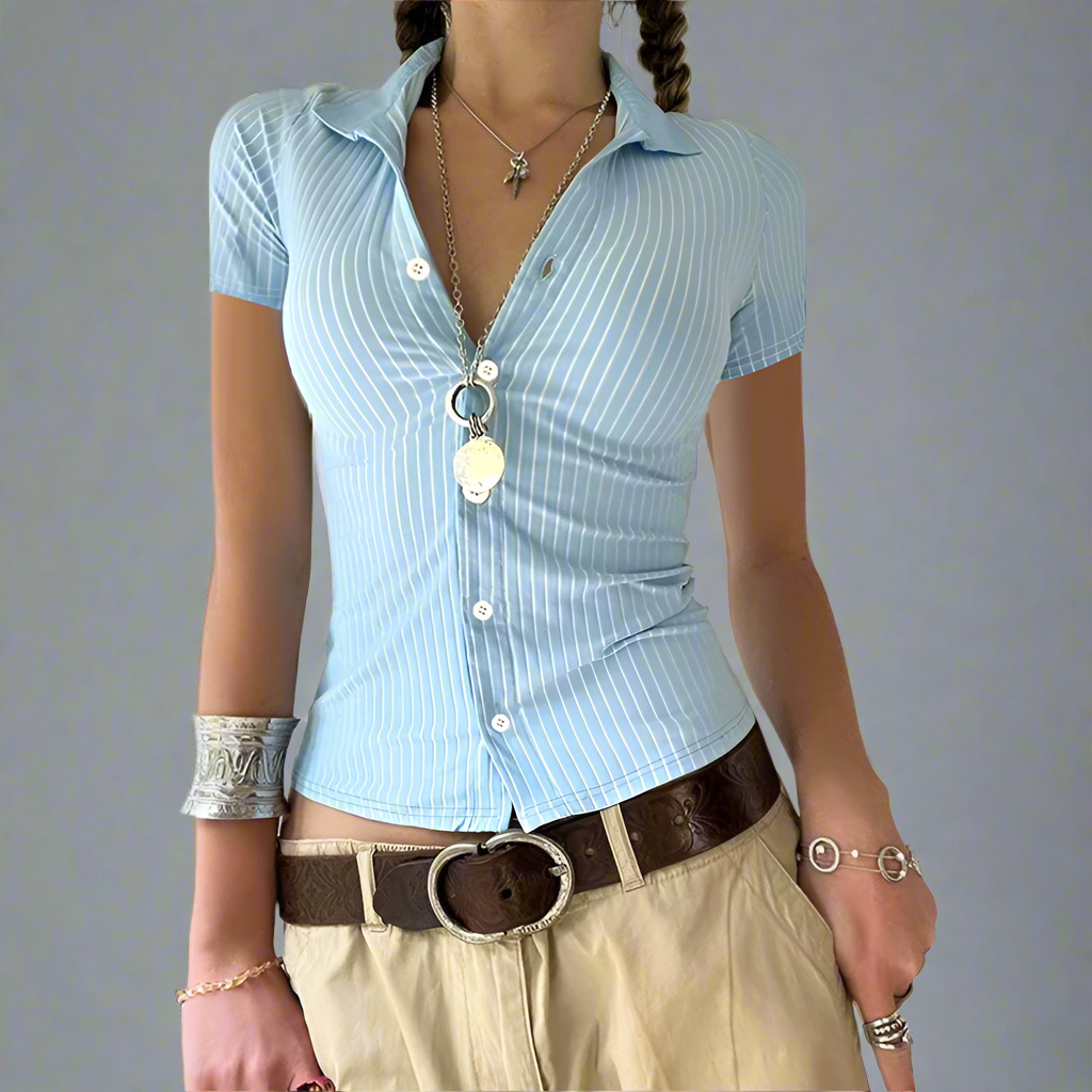 Cropped Striped Button Up Blouse