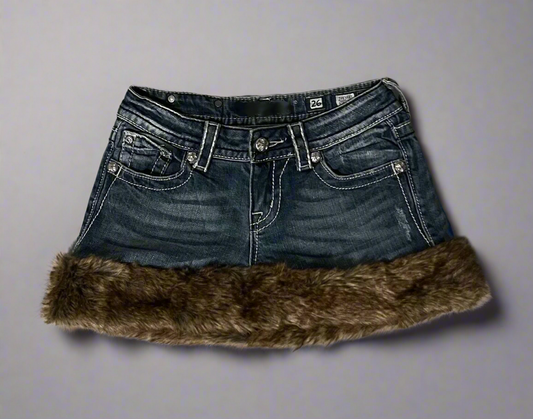 Fur lined denim mini skirt