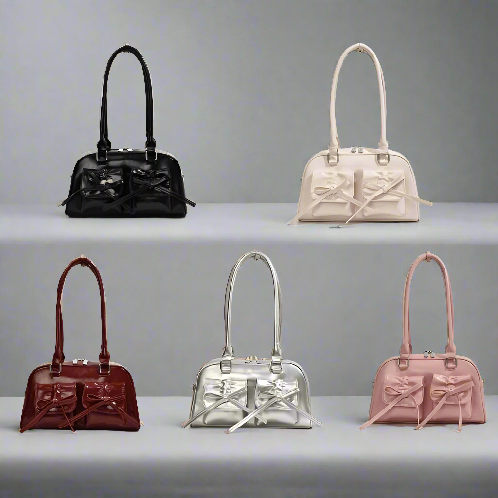 vintage bow pockets leather shoulder bag